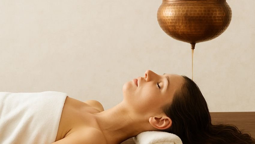 Shirodhara therapy being performed as part of traditional Ayurvedic care
